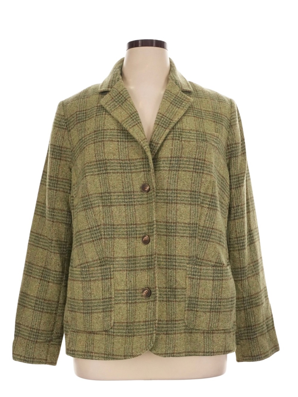 L.L. Bean Plaid Wool Silk Blend Blazer Plaid Blazer Green & Brown
